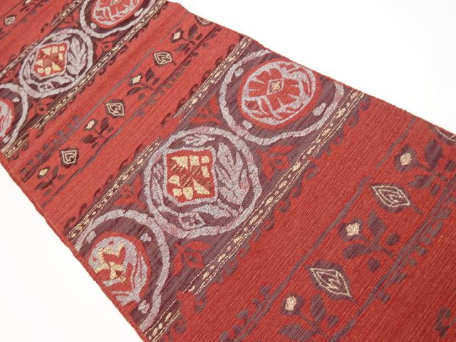 リサイクル　横段に抽象花模様織り出し名古屋帯